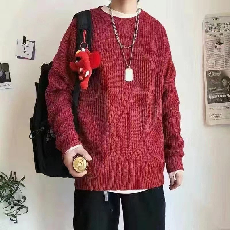 Voguable Men's Solid Color Sweaters Autumn Winter Korean Fashion O-Neck Loose Pullovers Couples Basic Warm Knitted Sweater Teens Jumpers voguable