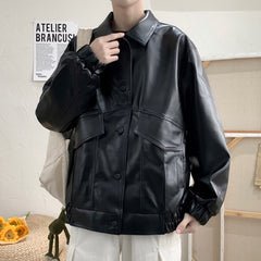 Jackets Men Pu Leather Retro Pockets Loose Korean Style Trendy Outwear Plus Size Cargo Tactical Daily Handsome All-match Clothes voguable