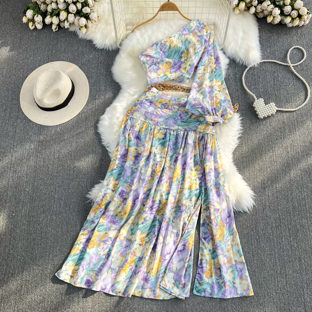 Summer Boho Dress Sets for Women One Shoulder Skew Collar Short Tops + Draped Split Midi Dress Elegant Midriff Beach Holiday New voguable