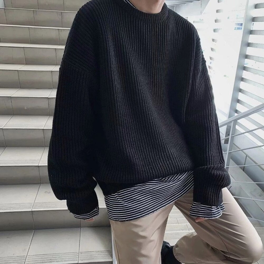 Voguable Men's Solid Color Sweaters Autumn Winter Korean Fashion O-Neck Loose Pullovers Couples Basic Warm Knitted Sweater Teens Jumpers voguable