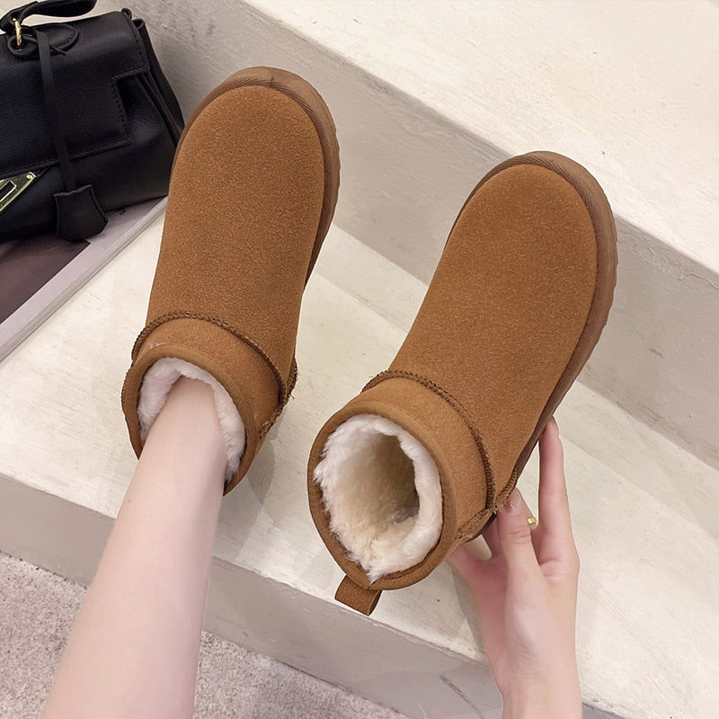 Brand Women's Shoes Australian Boots  Flat Heel Round Toe Plush Winter Footwear Fashion Snow Ladies Fur  Leather Ankle Low voguable