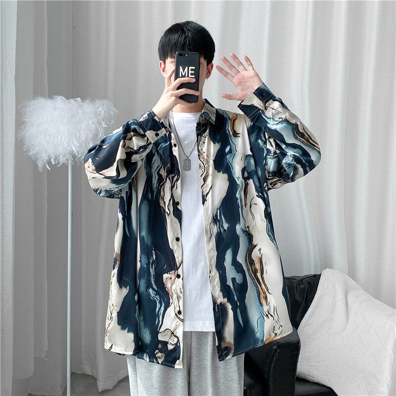 Long Sleeve Blue Shirts Men Summer Casual Design Print All-match Retro Harajuku Clothing Streetwear Рубашки Breathable Popular voguable