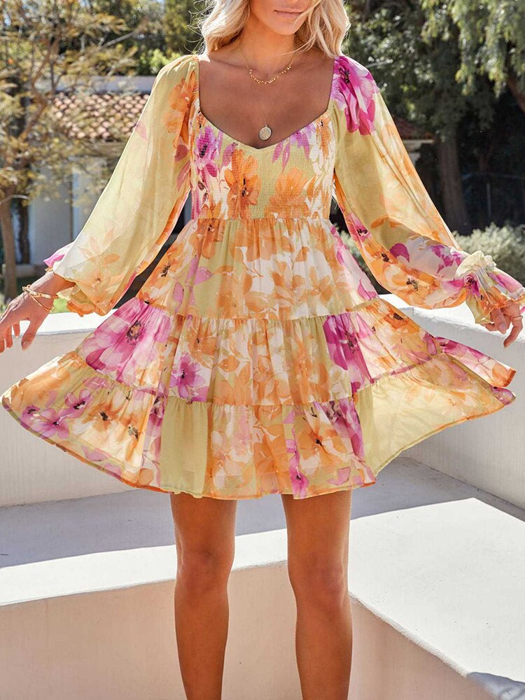 Chiffon V Neck Mini Dress Sexy Woman's Elegant Female Backless Ruffle Party Dress Summer Full Flare Sleeve Dress Vestidos voguable