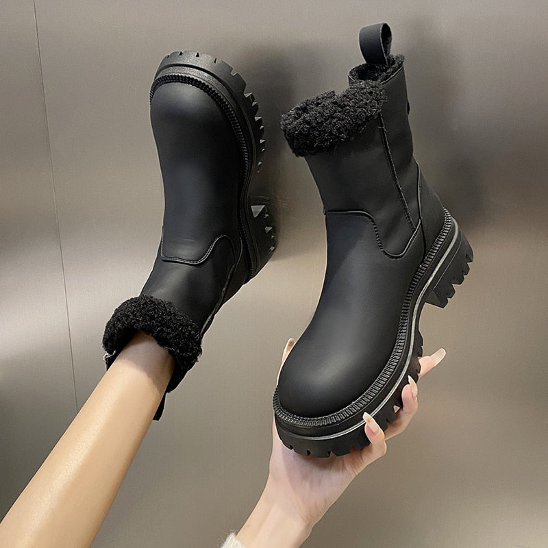 Lady Boots Brand Women's Shoes Flat Heel Zipper Round Toe Winter Footwear Fashion Lolita Padded Med Rock Rubber Leather Ankle voguable