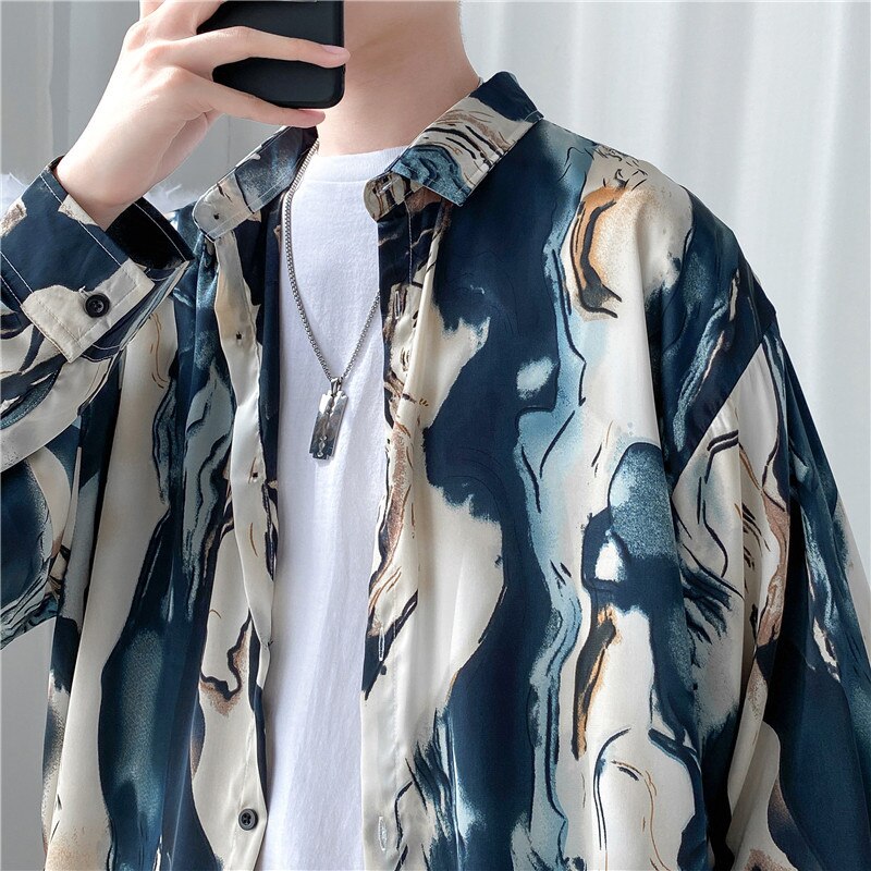 Long Sleeve Blue Shirts Men Summer Casual Design Print All-match Retro Harajuku Clothing Streetwear Рубашки Breathable Popular voguable