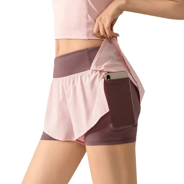 Women 2 In 1 Butt Scrunch Skirted Running Shorts Quick Dry Fake Skirt Sexy Gym Workout Short Pants Yoga Shorts voguable