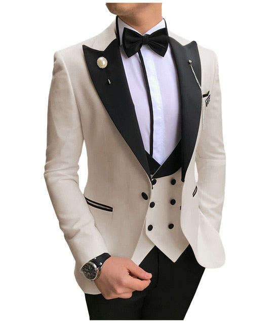 Voguable Men Suits 3 Pieces Slim Fit Business Suits Groom Champagne Noble Grey White Tuxedos for Formal Wedding suit (Blazer+Pants+Vest) voguable