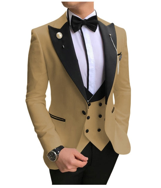 Voguable Men Suits 3 Pieces Slim Fit Business Suits Groom Champagne Noble Grey White Tuxedos for Formal Wedding suit (Blazer+Pants+Vest) voguable