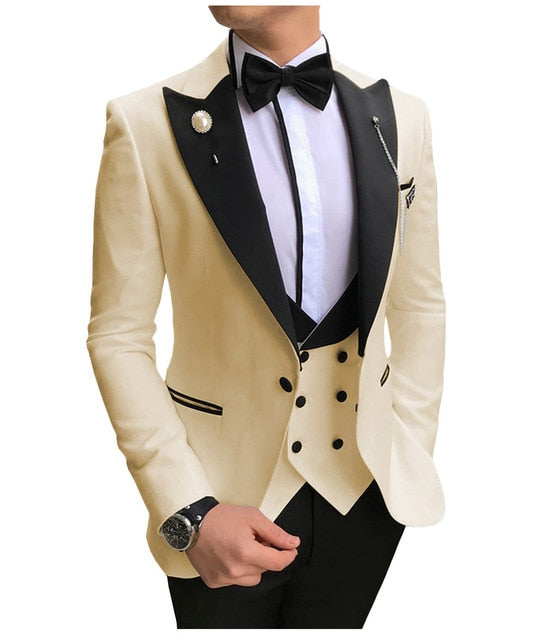 Voguable Men Suits 3 Pieces Slim Fit Business Suits Groom Champagne Noble Grey White Tuxedos for Formal Wedding suit (Blazer+Pants+Vest) voguable