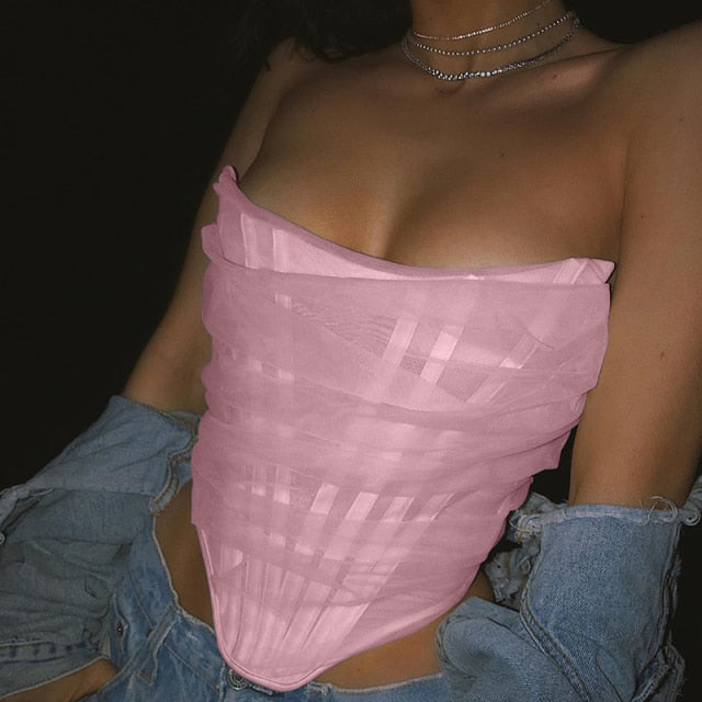 NewAsia Boning Mesh Corset Tops Women Slash Neck Backless Ruched Sexy Summer Crop Top Pink Strapless Tank Top Lavender Cropped voguable