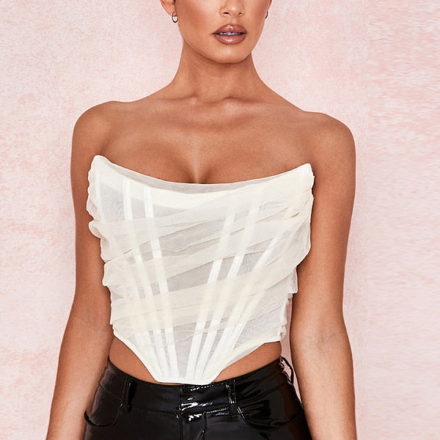 NewAsia Boning Mesh Corset Tops Women Slash Neck Backless Ruched Sexy Summer Crop Top Pink Strapless Tank Top Lavender Cropped voguable