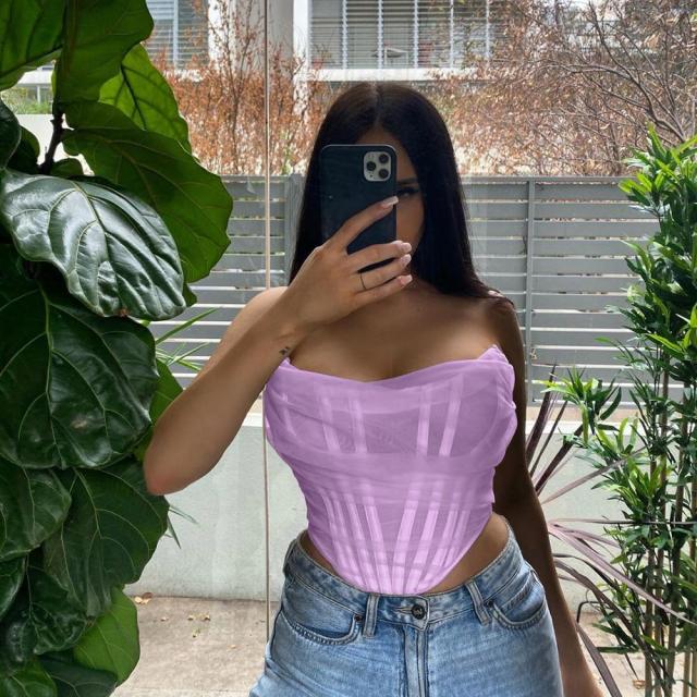 NewAsia Boning Mesh Corset Tops Women Slash Neck Backless Ruched Sexy Summer Crop Top Pink Strapless Tank Top Lavender Cropped voguable