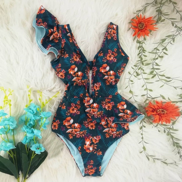 2021 New Sexy Ruffle Print Floral One Piece Swimsuit Off The Shoulder Swimwear Women Solid Deep-V Beachwear Bathing Suit Monkini voguable