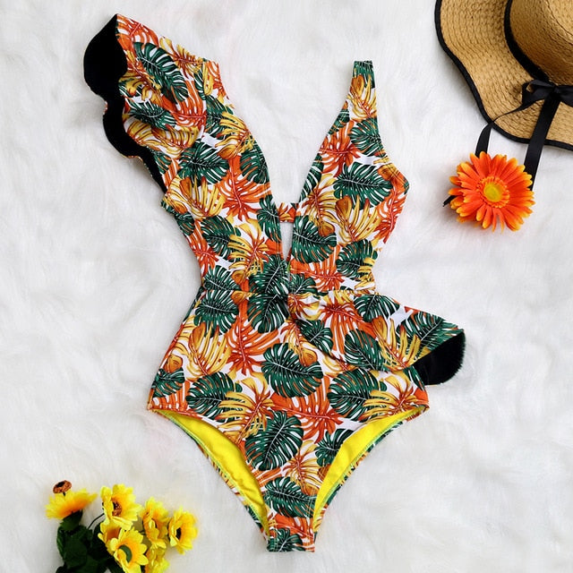 2021 New Sexy Ruffle Print Floral One Piece Swimsuit Off The Shoulder Swimwear Women Solid Deep-V Beachwear Bathing Suit Monkini voguable