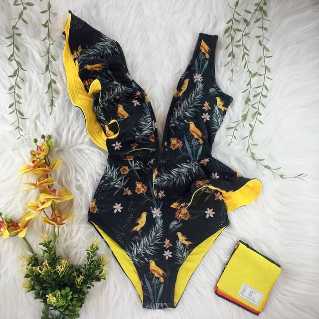 2021 New Sexy Ruffle Print Floral One Piece Swimsuit Off The Shoulder Swimwear Women Solid Deep-V Beachwear Bathing Suit Monkini voguable