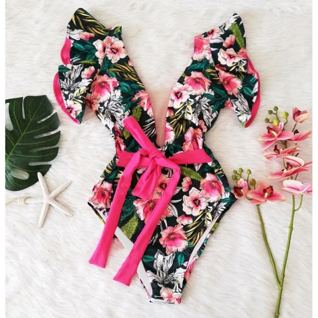 2021 New Sexy Ruffle Print Floral One Piece Swimsuit Off The Shoulder Swimwear Women Solid Deep-V Beachwear Bathing Suit Monkini voguable