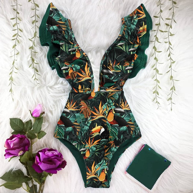 2021 New Sexy Ruffle Print Floral One Piece Swimsuit Off The Shoulder Swimwear Women Solid Deep-V Beachwear Bathing Suit Monkini voguable