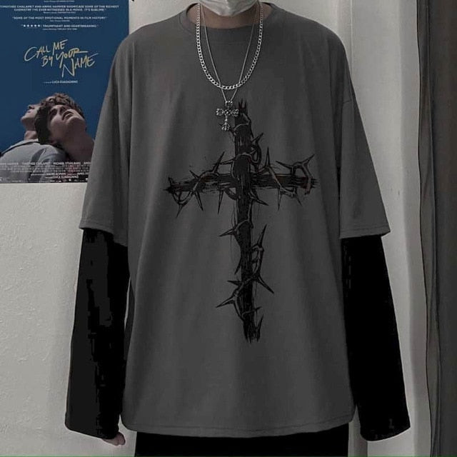 Voguable T-shirt Cross of Thorns fake two-piece for men women long-sleeved dark hip-hop loose large size autumn new trend top Simplicity voguable