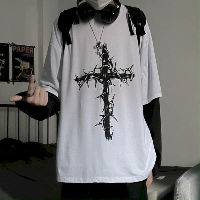 Voguable T-shirt Cross of Thorns fake two-piece for men women long-sleeved dark hip-hop loose large size autumn new trend top Simplicity voguable