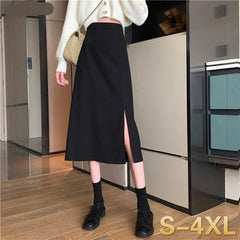 Skirts Women Black High-waist Side-split Midi Skirt Ladies Stretchy Body-con A-line Vintage Elegant All-match Simple Fashion New voguable