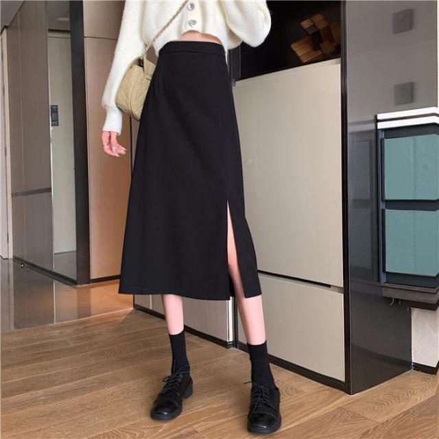 Skirts Women Black High-waist Side-split Midi Skirt Ladies Stretchy Body-con A-line Vintage Elegant All-match Simple Fashion New voguable