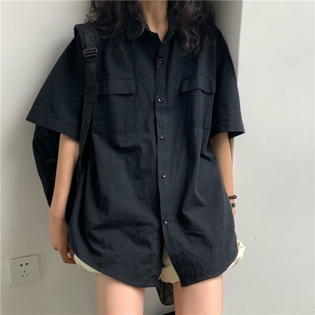 Blouses Women Japan Style Harajuku Simple Short Sleeve Summer Womens Chic Tops Retro All-match Pockets Trendy Girls Shirts New voguable