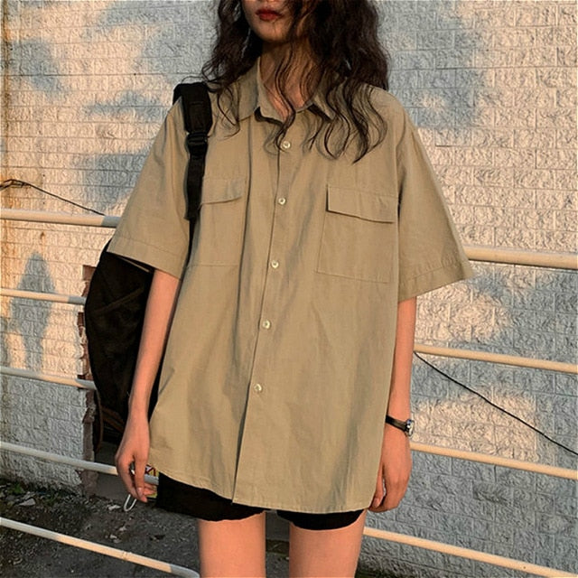 Blouses Women Japan Style Harajuku Simple Short Sleeve Summer Womens Chic Tops Retro All-match Pockets Trendy Girls Shirts New voguable