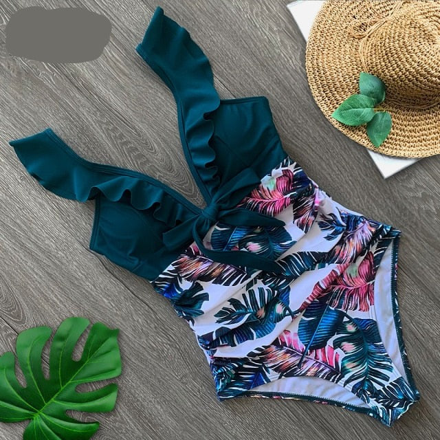 2020 Sexy New Ruffle One Piece Swimsuit Off The Shoulder Swimwear Women Swimsuit Deep-V Bathing Suits Beach Wear Swim Suit voguable