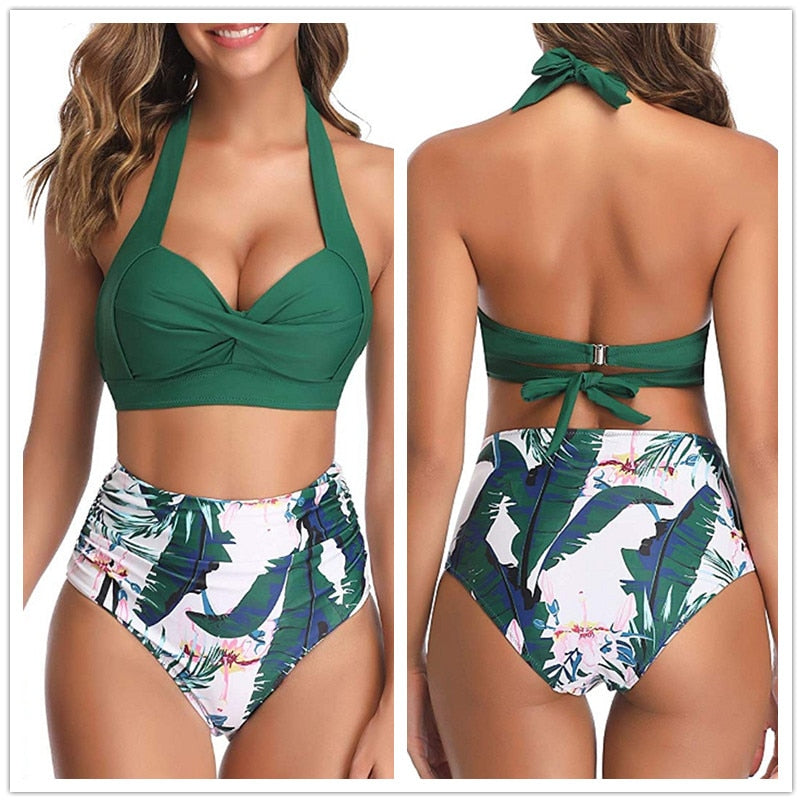 Voguable Sexy High Waist Bikini Florial Print Tankini Halter Sexy Bikini Set Polka Dot Female Swimwear Ladies Bathing Suit Plus Size XXL voguable