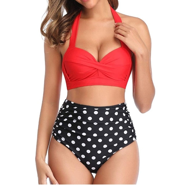 Voguable Sexy High Waist Bikini Florial Print Tankini Halter Sexy Bikini Set Polka Dot Female Swimwear Ladies Bathing Suit Plus Size XXL voguable