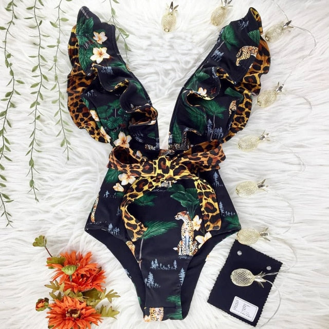 2021 New Sexy Ruffle Print Floral One Piece Swimsuit Off The Shoulder Swimwear Women Solid Deep-V Beachwear Bathing Suit Monkini voguable