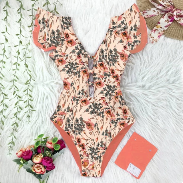 2021 New Sexy Ruffle Print Floral One Piece Swimsuit Off The Shoulder Swimwear Women Solid Deep-V Beachwear Bathing Suit Monkini voguable