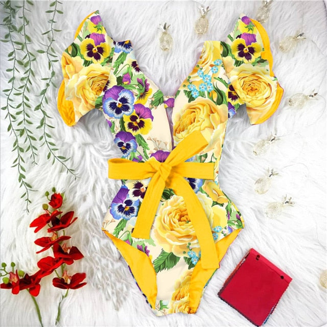 2021 New Sexy Ruffle Print Floral One Piece Swimsuit Off The Shoulder Swimwear Women Solid Deep-V Beachwear Bathing Suit Monkini voguable