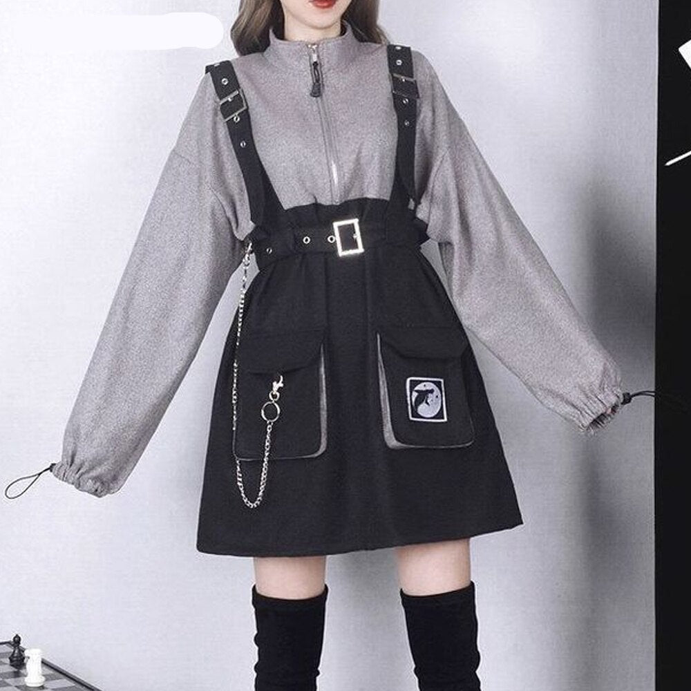Voguable Gothic Girl High Waist Punk Mini Dress Vintage Women Dress Lo ...