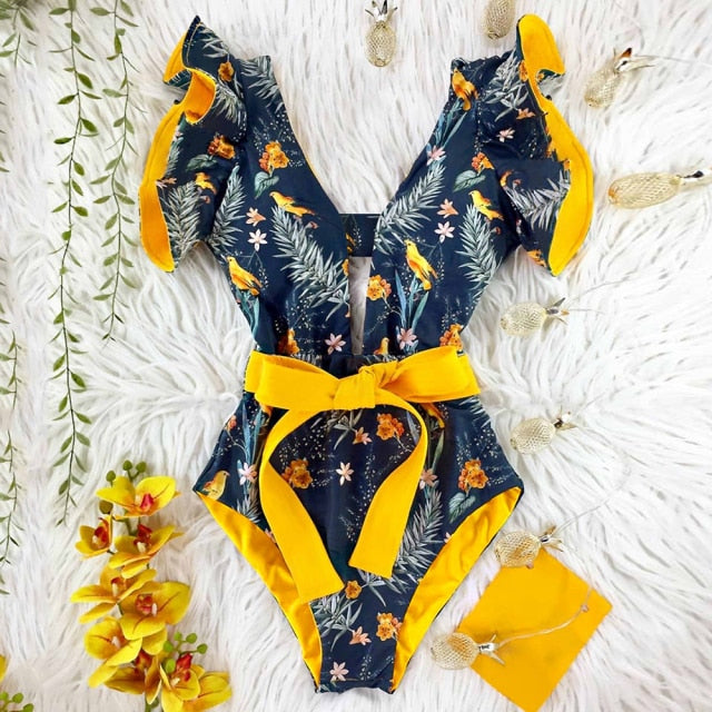 2021 New Sexy Ruffle Print Floral One Piece Swimsuit Off The Shoulder Swimwear Women Solid Deep-V Beachwear Bathing Suit Monkini voguable