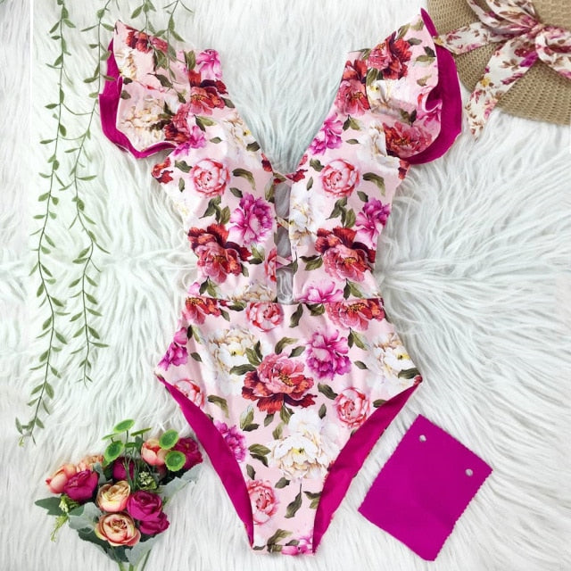 2021 New Sexy Ruffle Print Floral One Piece Swimsuit Off The Shoulder Swimwear Women Solid Deep-V Beachwear Bathing Suit Monkini voguable