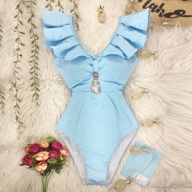 2021 New Sexy Ruffle Print Floral One Piece Swimsuit Off The Shoulder Swimwear Women Solid Deep-V Beachwear Bathing Suit Monkini voguable