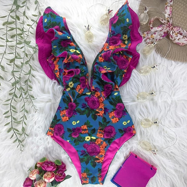 2021 New Sexy Ruffle Print Floral One Piece Swimsuit Off The Shoulder Swimwear Women Solid Deep-V Beachwear Bathing Suit Monkini voguable