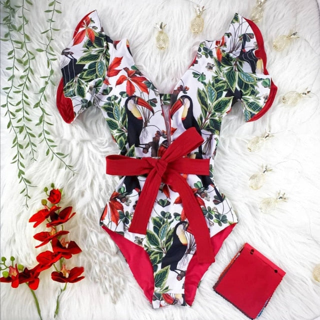 2021 New Sexy Ruffle Print Floral One Piece Swimsuit Off The Shoulder Swimwear Women Solid Deep-V Beachwear Bathing Suit Monkini voguable