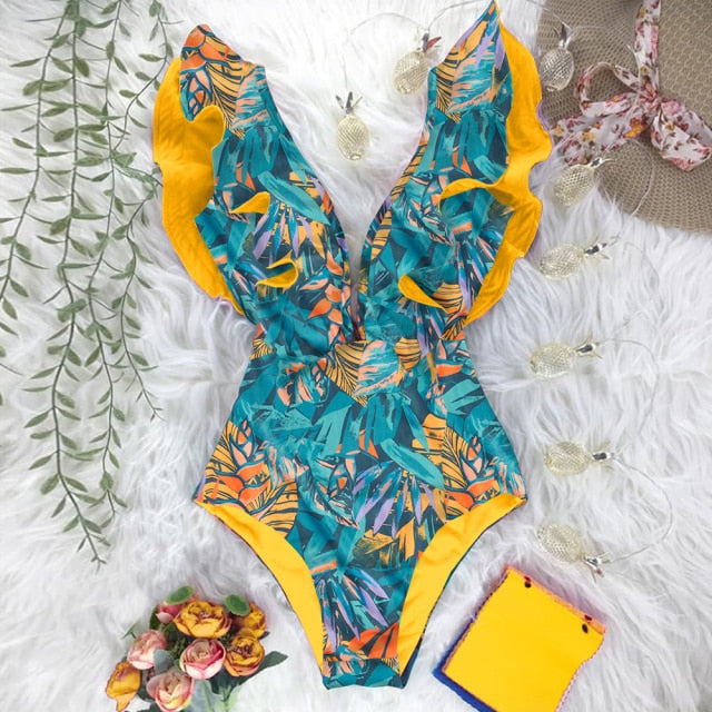 2021 New Sexy Ruffle Print Floral One Piece Swimsuit Off The Shoulder Swimwear Women Solid Deep-V Beachwear Bathing Suit Monkini voguable