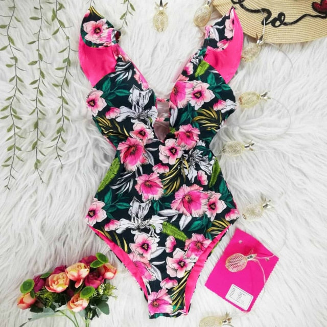 2021 New Sexy Ruffle Print Floral One Piece Swimsuit Off The Shoulder Swimwear Women Solid Deep-V Beachwear Bathing Suit Monkini voguable