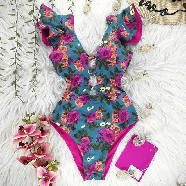 2021 New Sexy Ruffle Print Floral One Piece Swimsuit Off The Shoulder Swimwear Women Solid Deep-V Beachwear Bathing Suit Monkini voguable