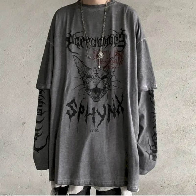 Voguable T-shirt Cross of Thorns fake two-piece for men women long-sleeved dark hip-hop loose large size autumn new trend top Simplicity voguable