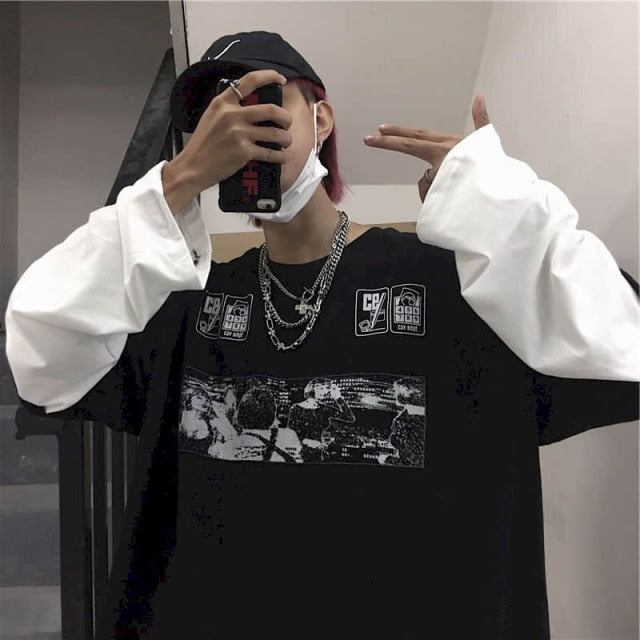 Voguable T-shirt Cross of Thorns fake two-piece for men women long-sleeved dark hip-hop loose large size autumn new trend top Simplicity voguable