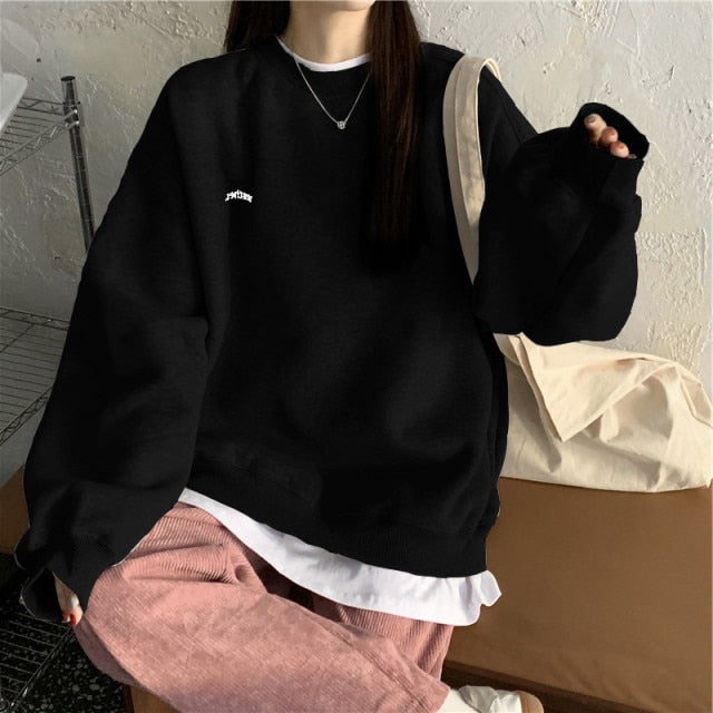 Voguable Autumn Winter Girl Korean Version Oversized Hoodies Street Style Letter Embroidery Sweatshirt Fleece Thick Pullover Tops Femmes voguable