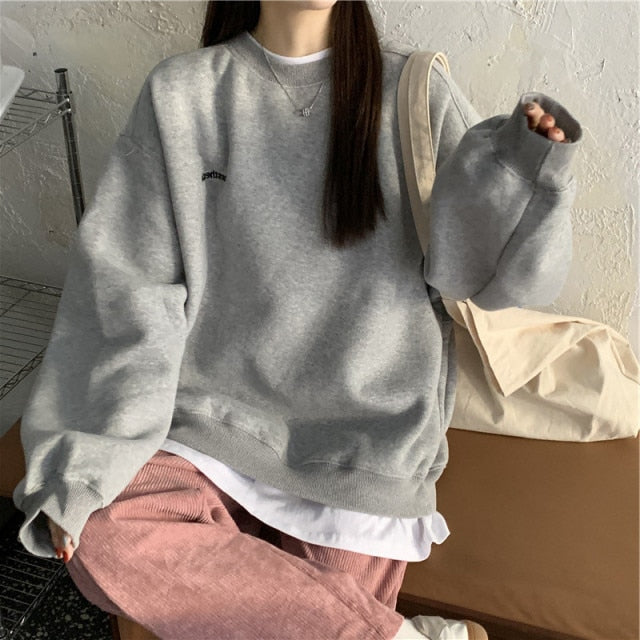 Voguable Autumn Winter Girl Korean Version Oversized Hoodies Street Style Letter Embroidery Sweatshirt Fleece Thick Pullover Tops Femmes voguable