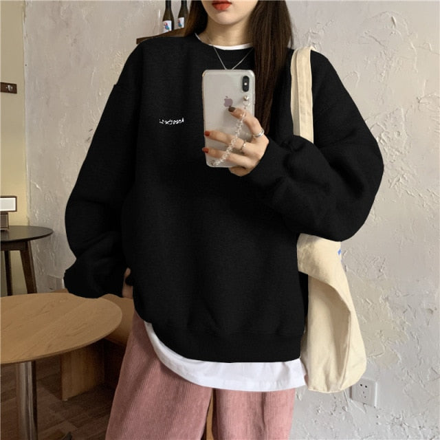 Voguable Autumn Winter Girl Korean Version Oversized Hoodies Street Style Letter Embroidery Sweatshirt Fleece Thick Pullover Tops Femmes voguable