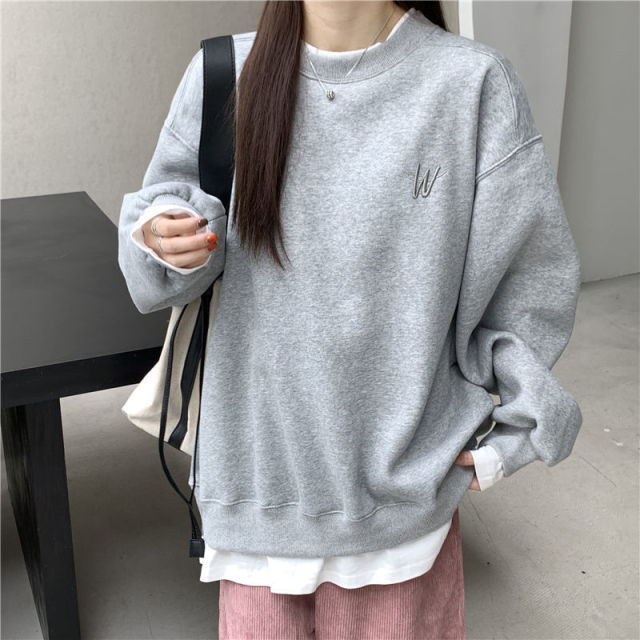 Voguable Autumn Winter Girl Korean Version Oversized Hoodies Street Style Letter Embroidery Sweatshirt Fleece Thick Pullover Tops Femmes voguable