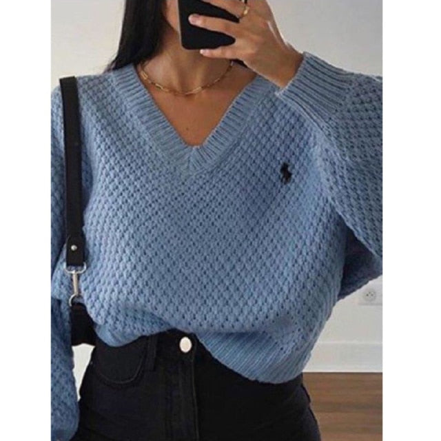 Knitted Loose Women Sweater Solid Casual V Neck Long Sleeve Pullover Sweaters 2021 Autumn Winter Embroidery Sweater Oversize Top voguable