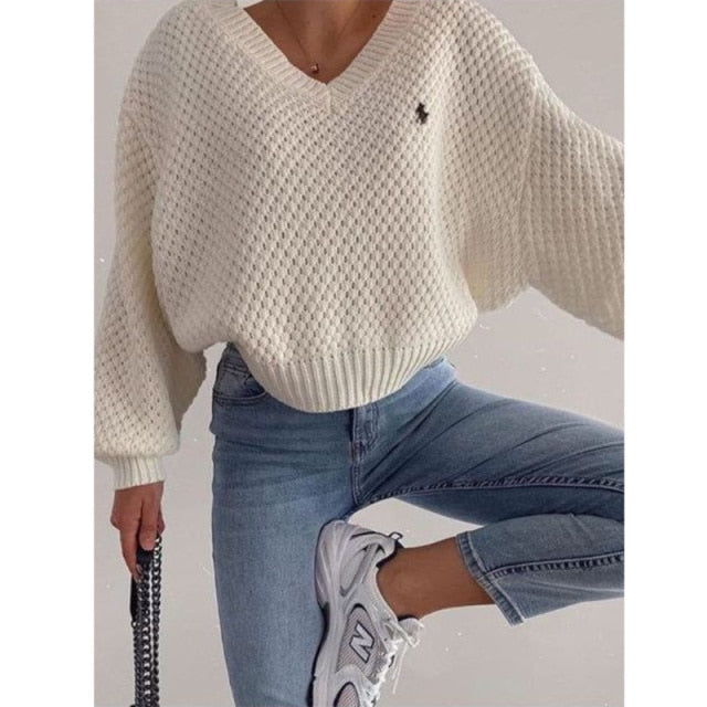 Knitted Loose Women Sweater Solid Casual V Neck Long Sleeve Pullover Sweaters 2021 Autumn Winter Embroidery Sweater Oversize Top voguable